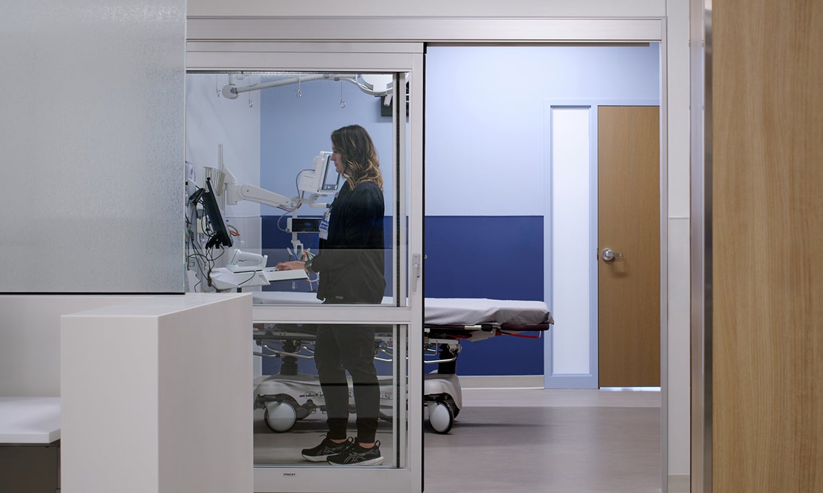 View into exam room from nurse station