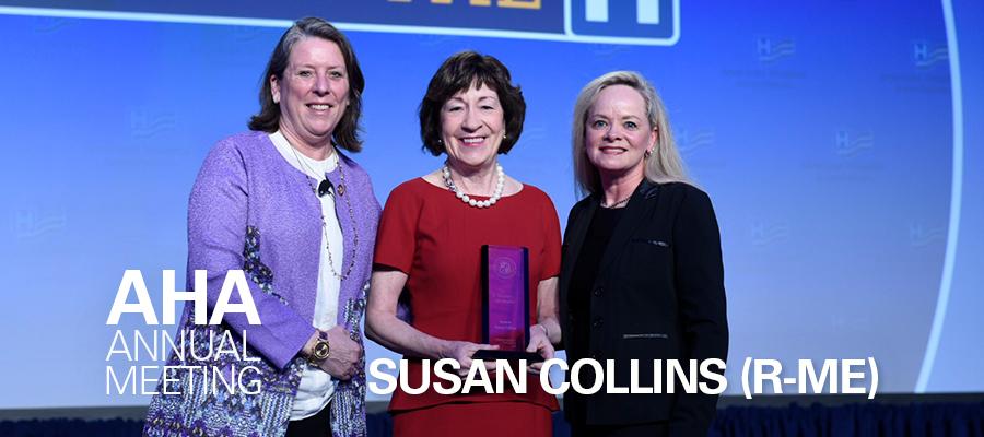 Sen. Susan Collins accepts the AHA Honorary Life Membership Award from Michelle Hood and Kris Doody