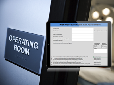 photo of operating room. preview of wet location tool on ipad screen.