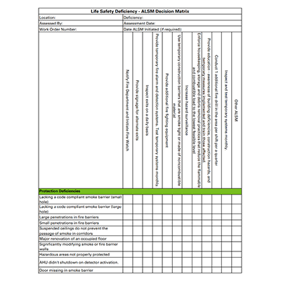 screenshot of Alternate Life Safety Measures (ALSM) Deficiency Decisions Matrix